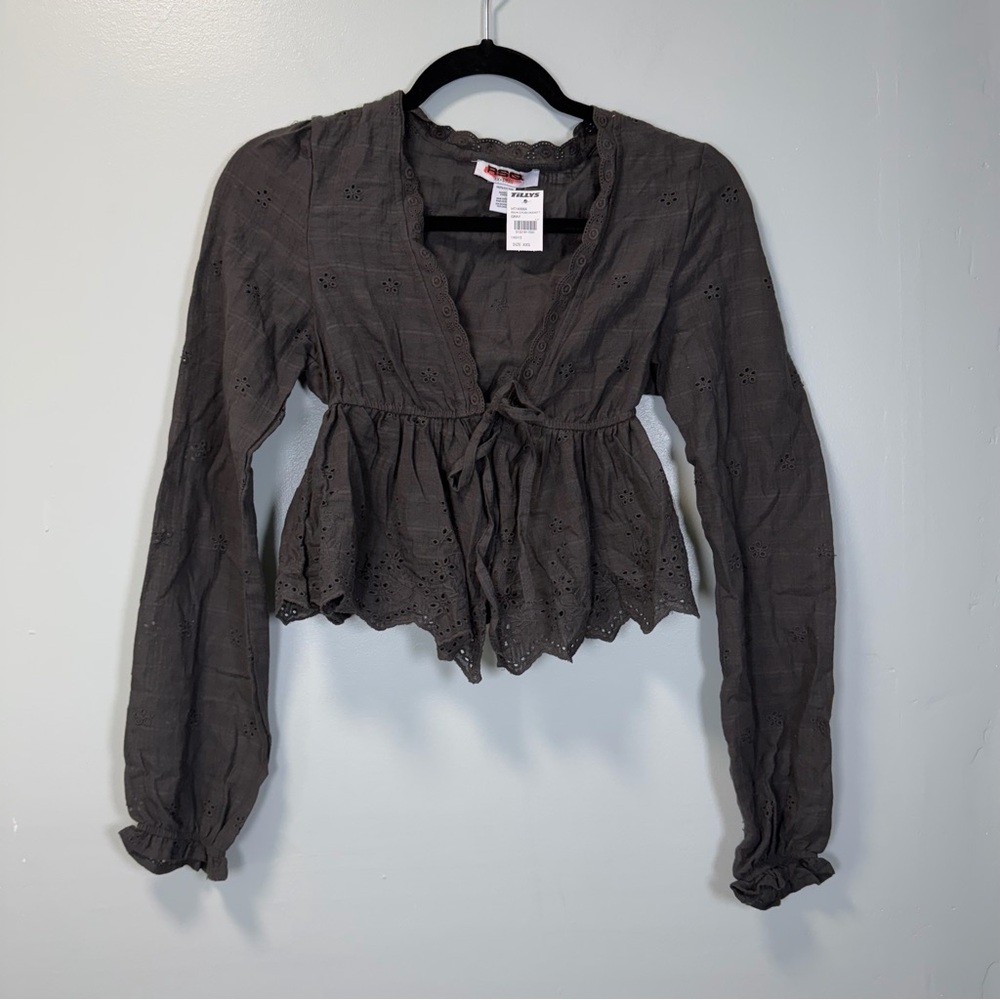 RSQ‎ Womens Brown Cotton Crochet Long Sleeve Tie Front Top XXS NWT - Picture 3 of 8